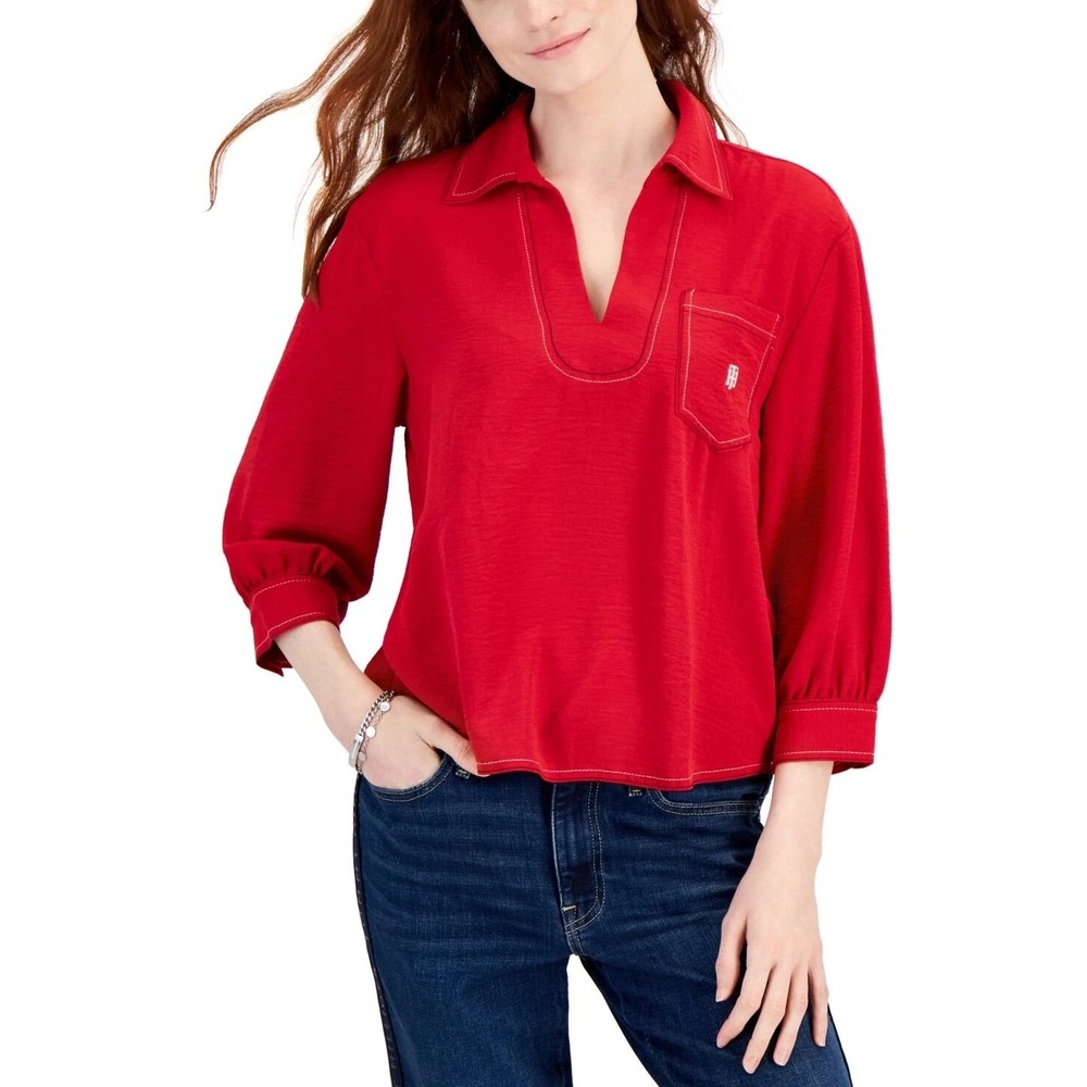 Tommy Hilfiger Aero Split-Neck Popover shirt in red, Size‎ Large